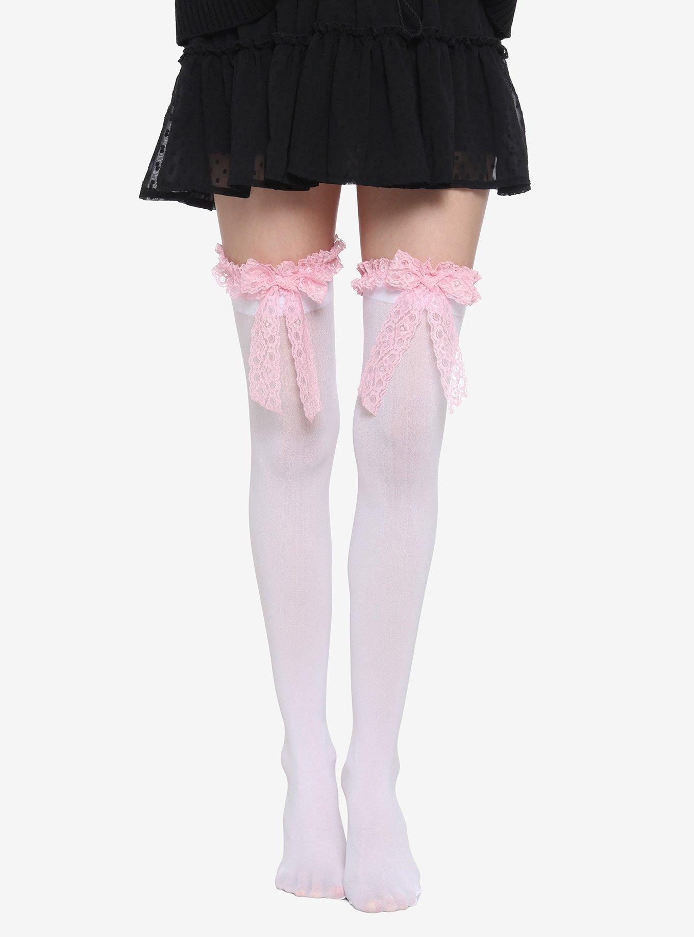 Pink Lace Bow White Thigh Highs, , hi-res