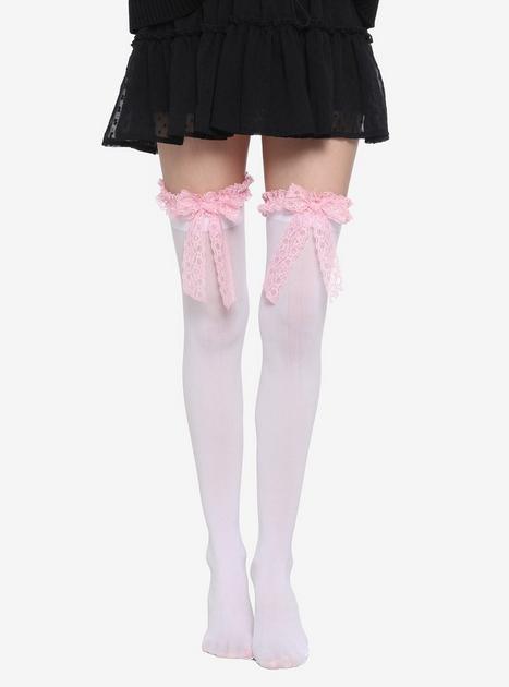 Pink Lace Bow White Thigh Highs Hot Topic 