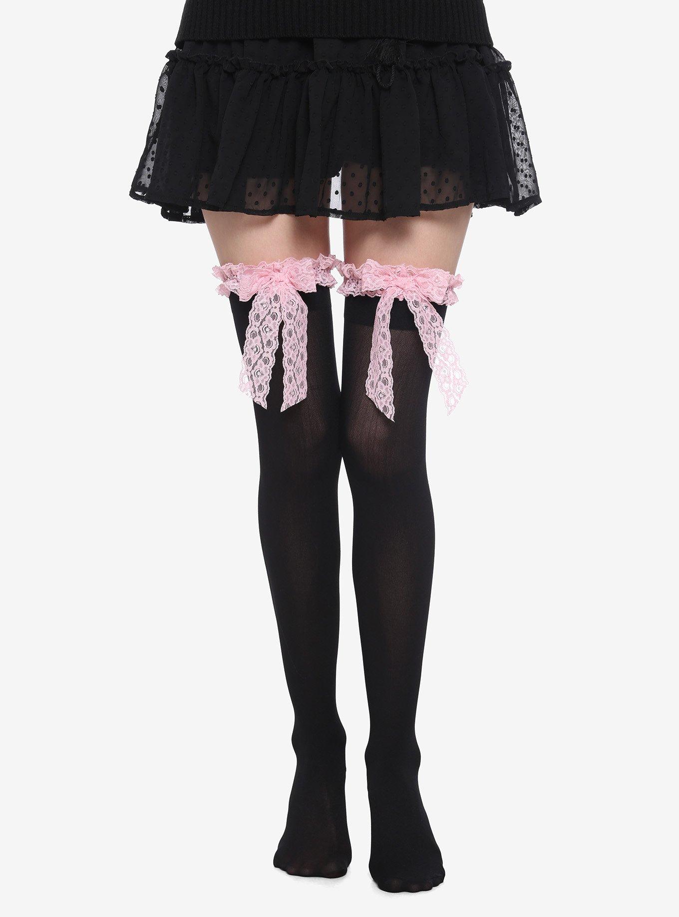 Pink Lace Bow Black Thigh Highs, , hi-res