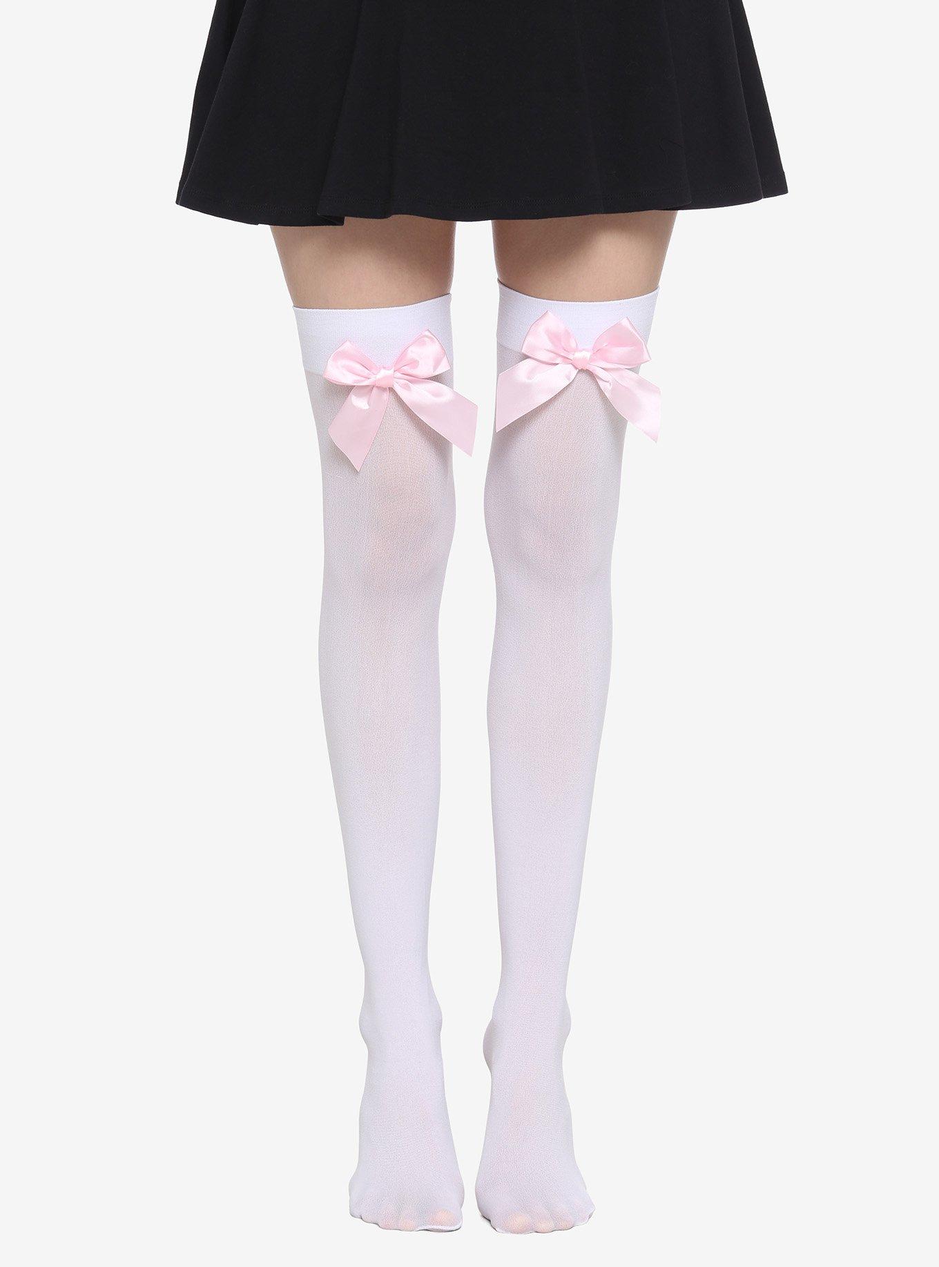 Sheer Knee High Polka Dot Socks in White with Pink Bow - The Sugarpuss  Collection