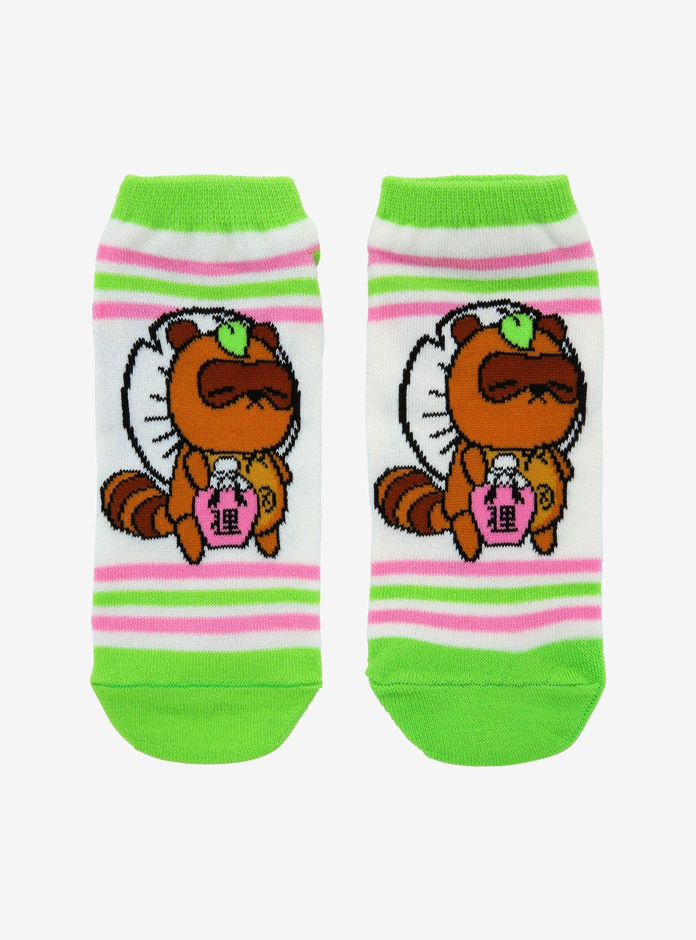 Yokai Tanuki Green & Pink No-Show Socks, , hi-res