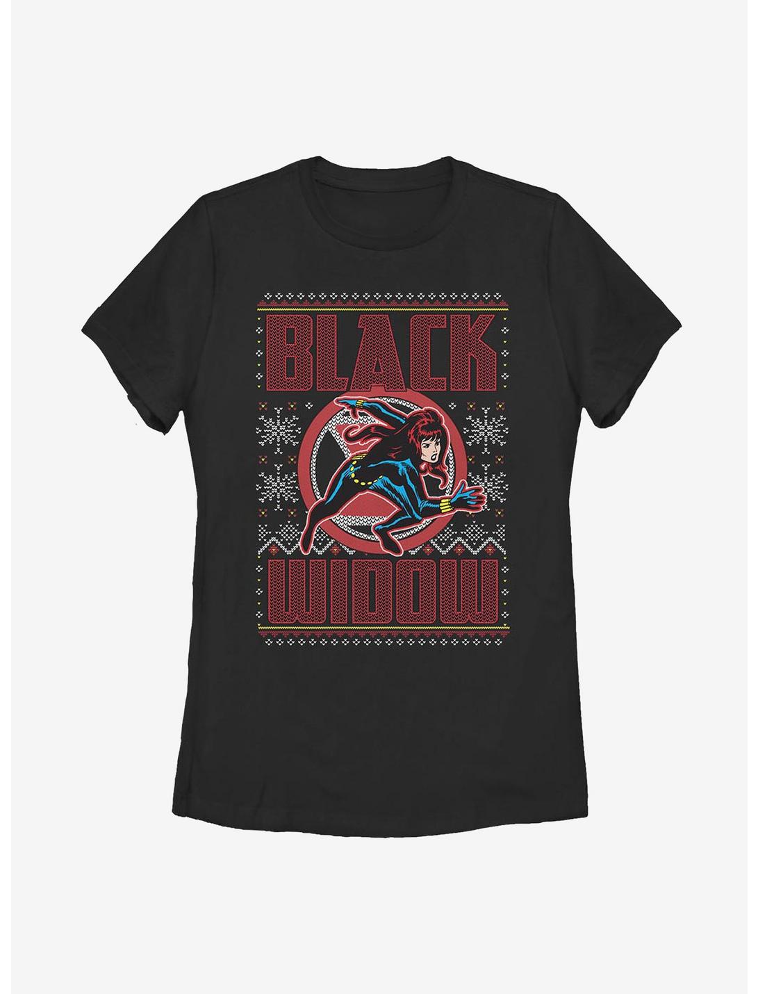Marvel Black Widow Christmas Holiday Pattern Womens T-Shirt, BLACK, hi-res