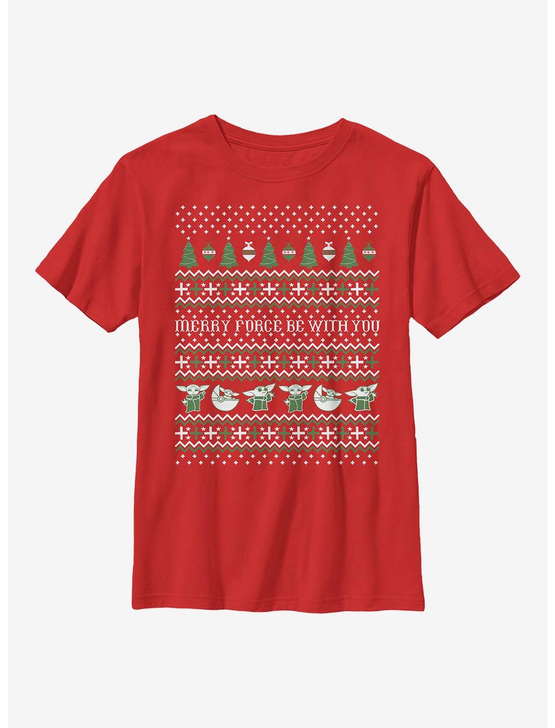 Star Wars The Mandalorian The Child Christmas Sweater Pattern Youth T-Shirt, RED, hi-res