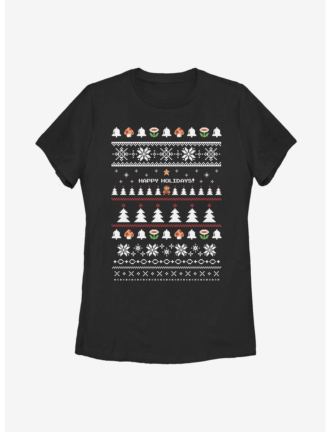 Super Mario Holiday Christmas Pattern Womens T-Shirt, BLACK, hi-res