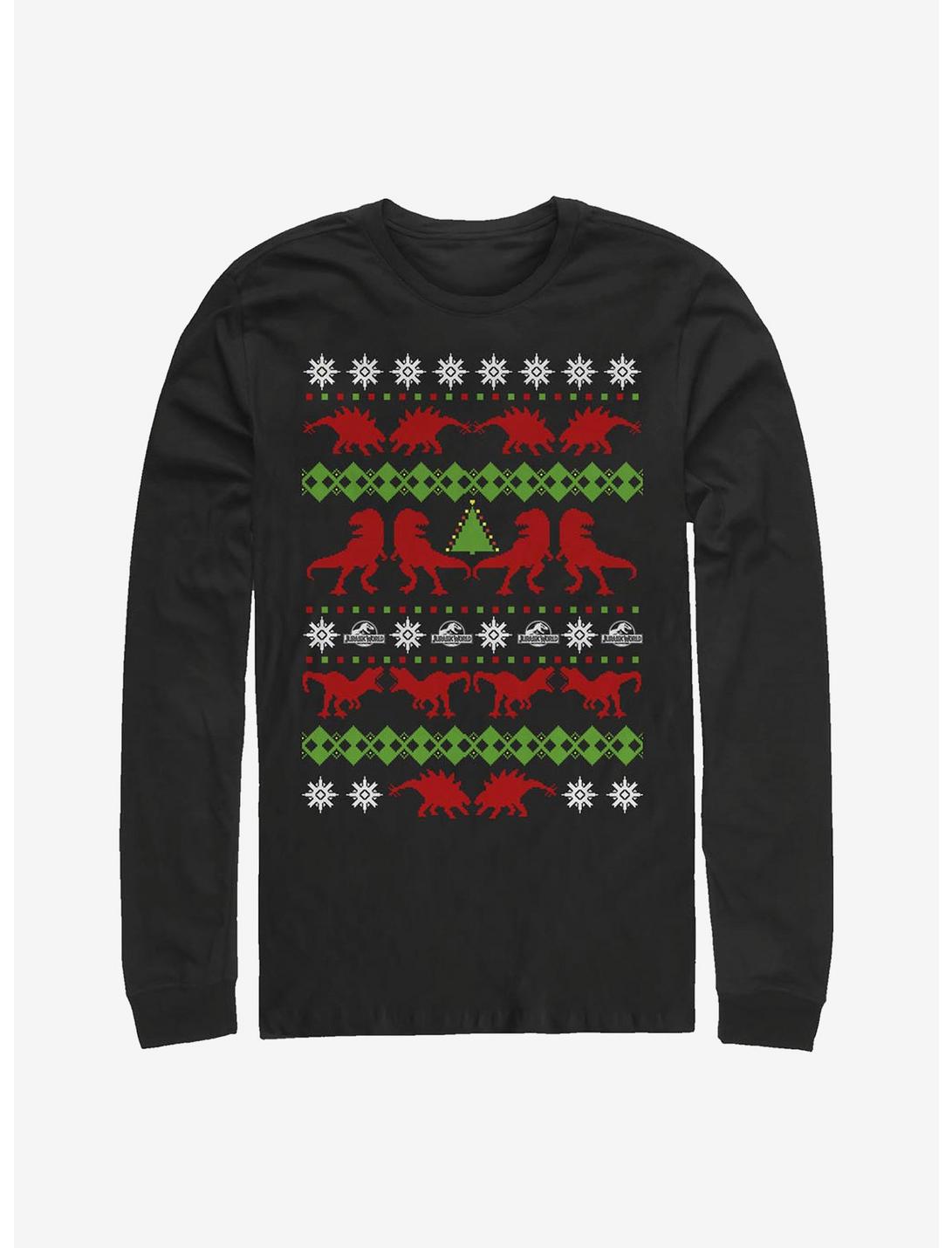 Jurassic World Christmas Sweater Pattern Long-Sleeve T-Shirt, BLACK, hi-res