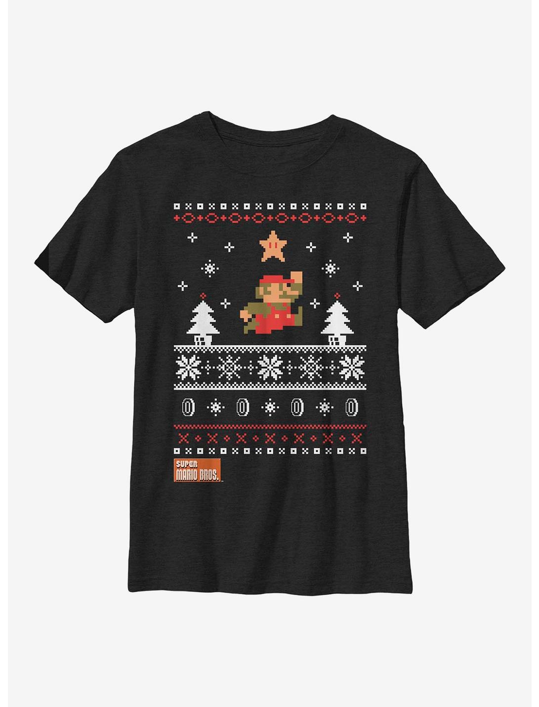 Super Mario Star Christmas Pattern Youth T-Shirt, BLACK, hi-res