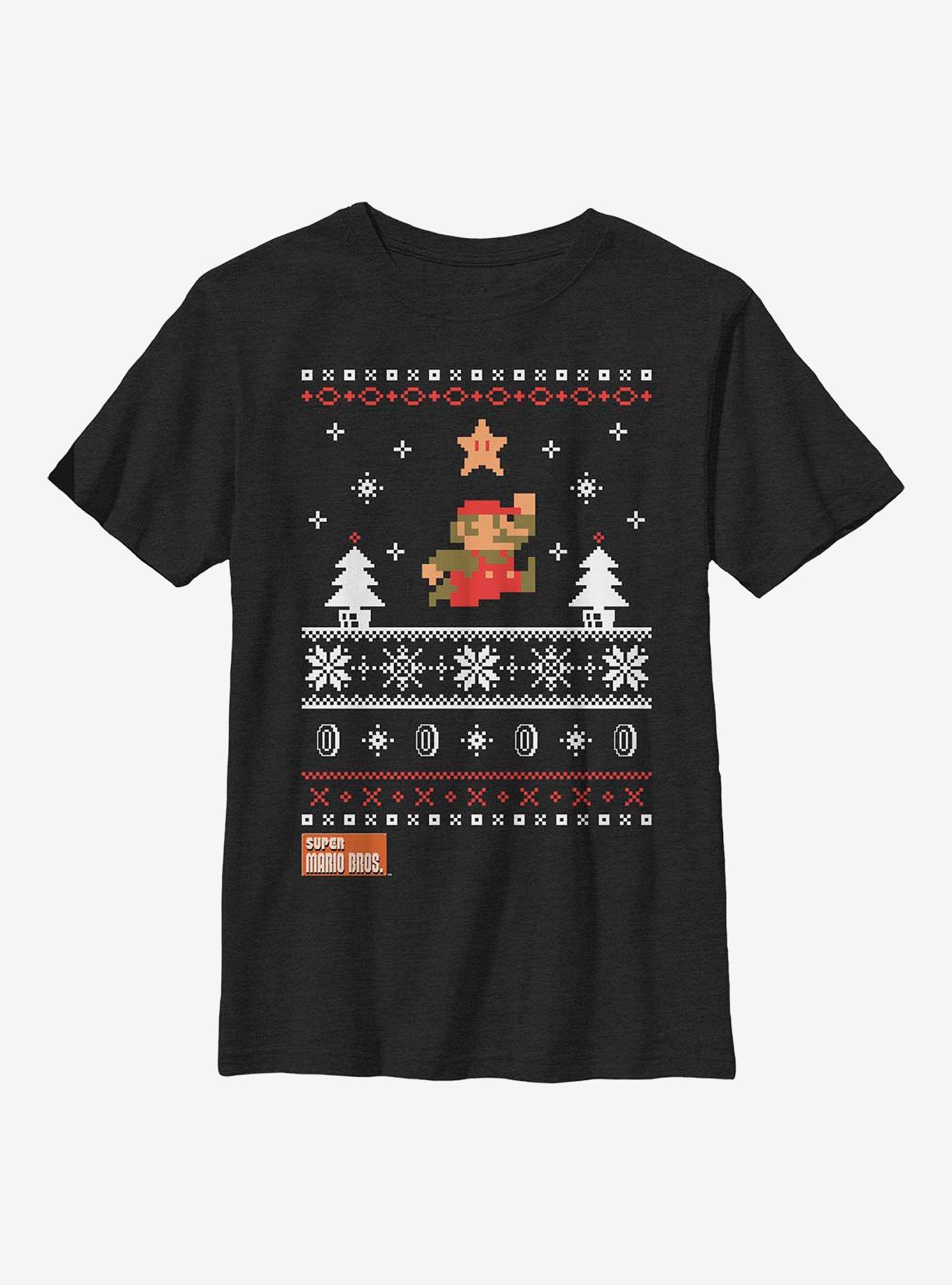 Super Mario Star Christmas Pattern Youth T-Shirt, BLACK, hi-res