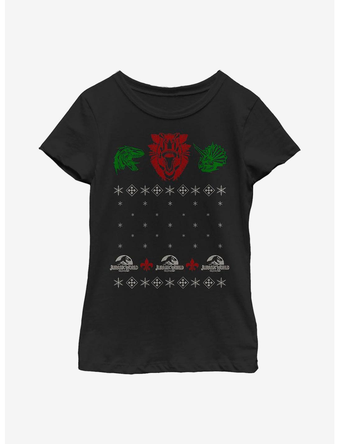 Jurassic World Dino Christmas Sweater Pattern Youth Girls T-Shirt, BLACK, hi-res