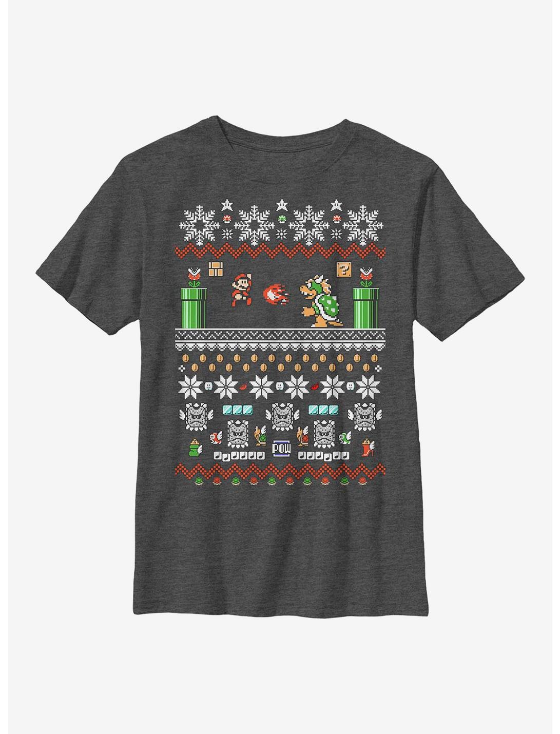 Super Mario Bit Christmas Stack Youth T-Shirt, CHAR HTR, hi-res
