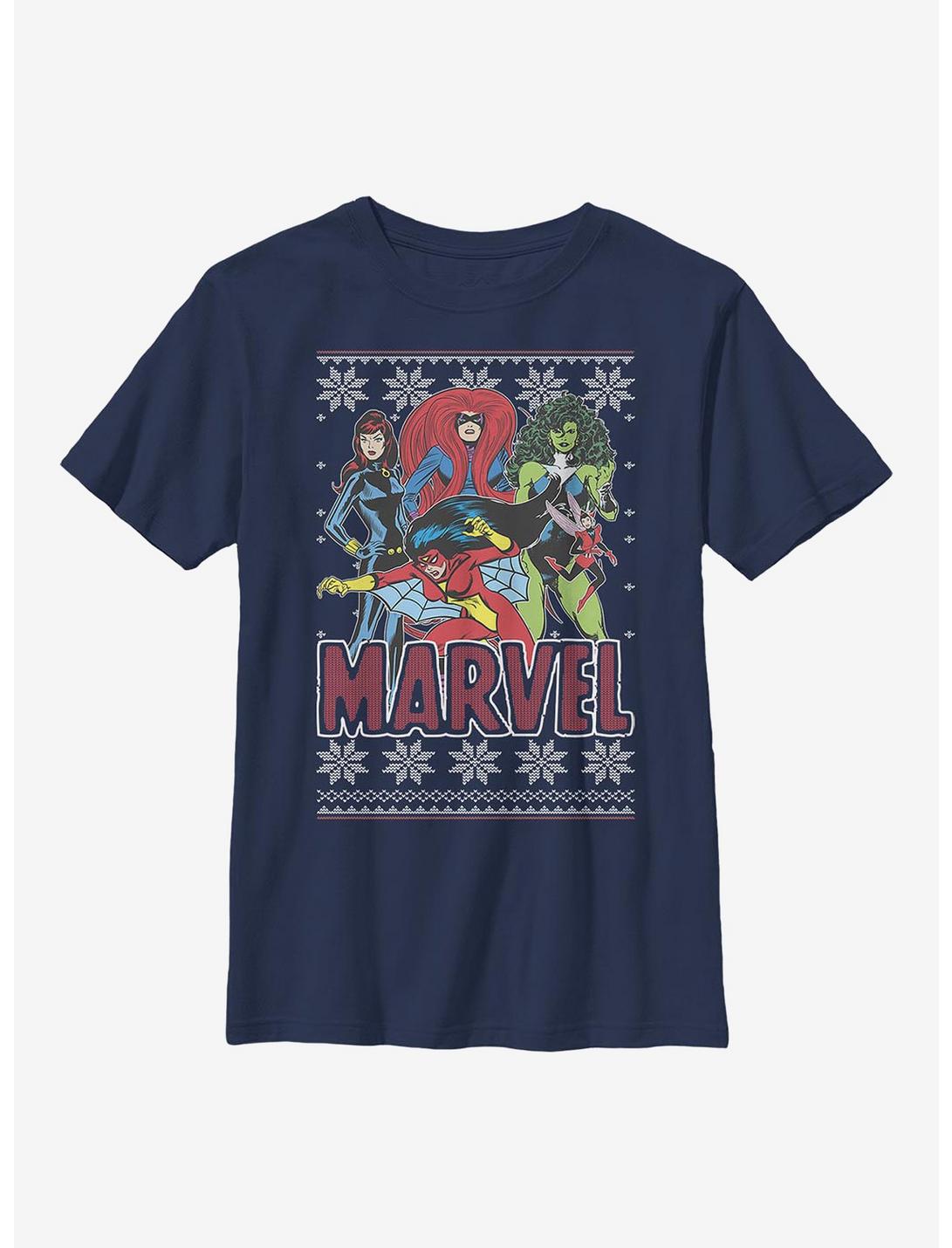 Marvel Heroines Christmas Pattern Youth T-Shirt, NAVY, hi-res