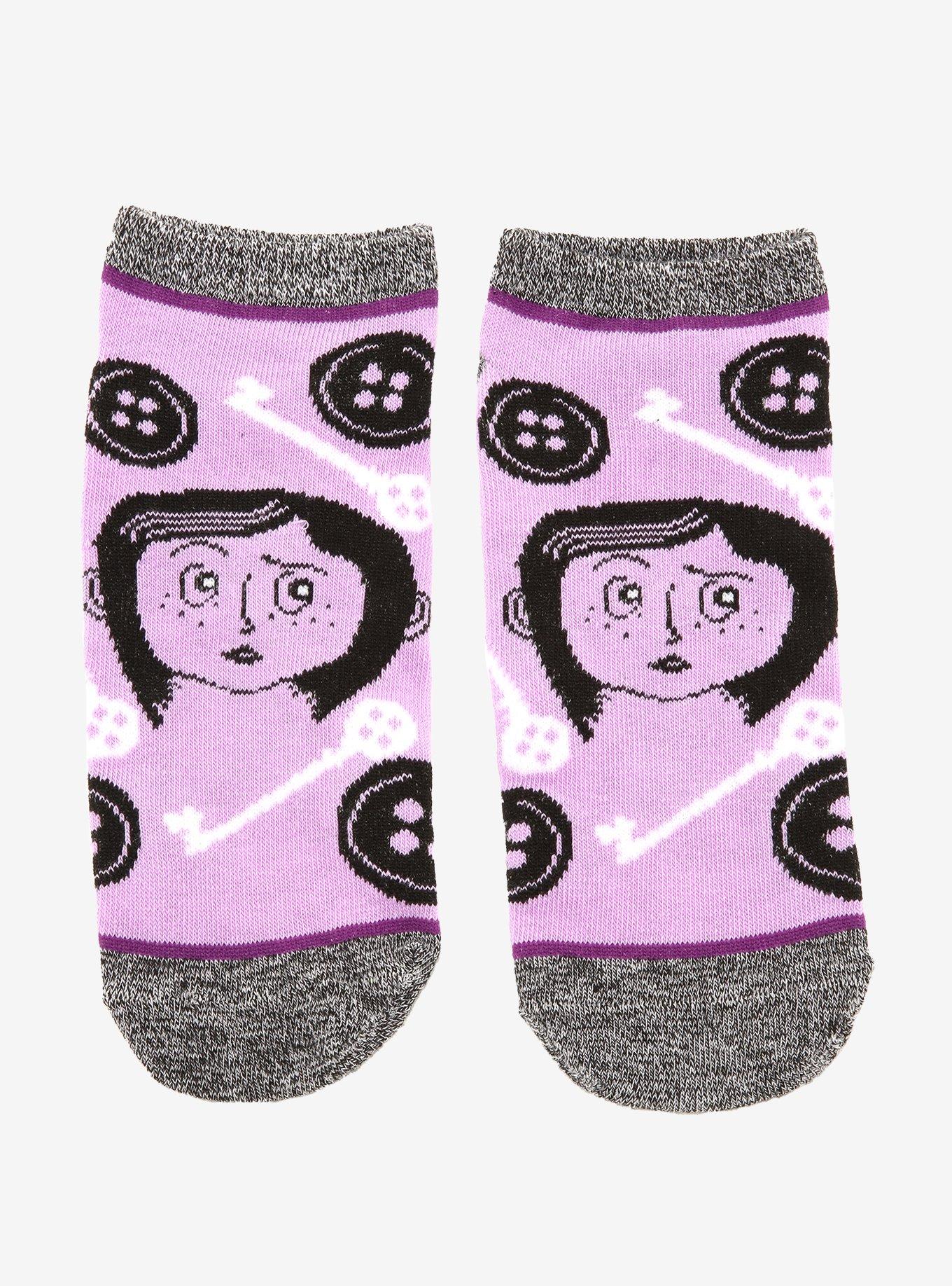 Coraline Button Purple No-Show Socks, , hi-res