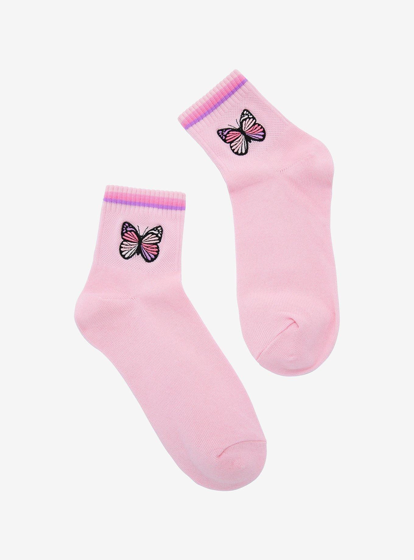 Pink Butterfly Embroidered Ankle Socks | Hot Topic