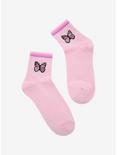 Pink Butterfly Embroidered Ankle Socks, , hi-res