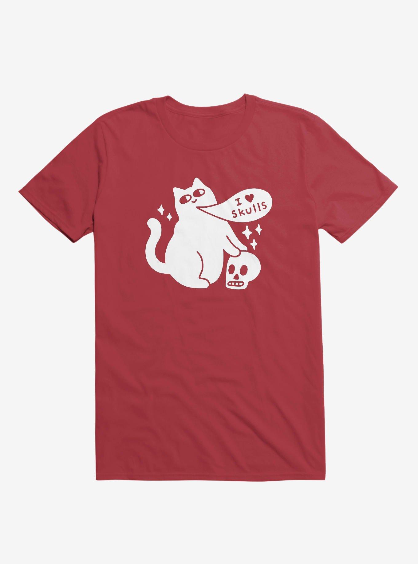 I Love Skulls Cat Red T-Shirt, RED, hi-res