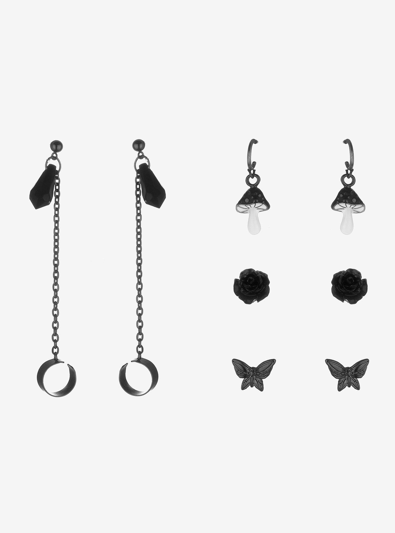 Black Mushroom Rose & Butterfly Cuff Earring Set Hot Topic