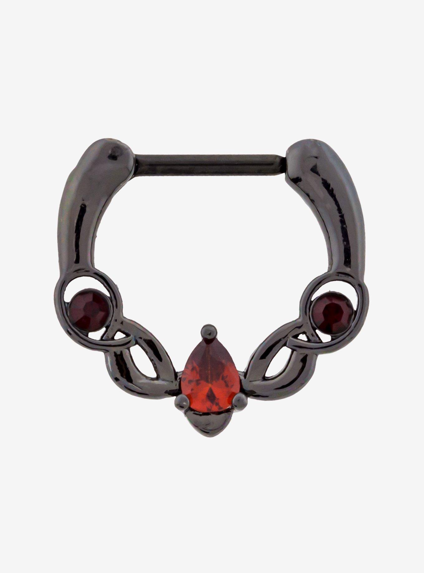 Steel Black & Red Filigree Septum Clicker, BLACK, hi-res