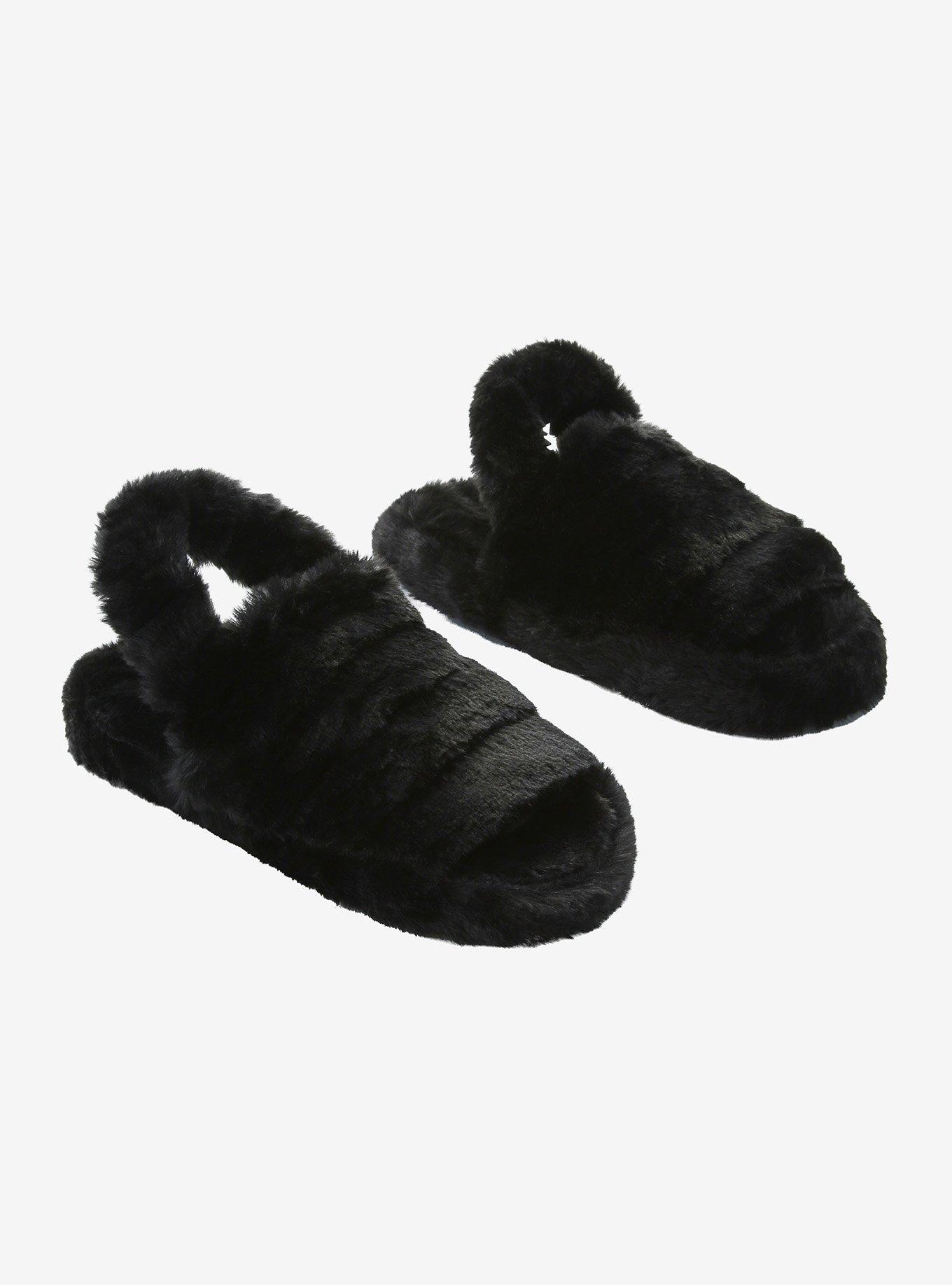 Black Fuzzy Cozy Slide Slippers, , hi-res