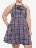 Purple Plaid Moon Cutout Halter Dress Plus Size, PLAID, hi-res