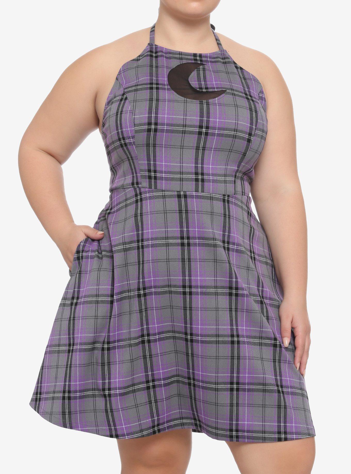 Purple Plaid Moon Cutout Halter Dress Plus Size, PLAID, hi-res