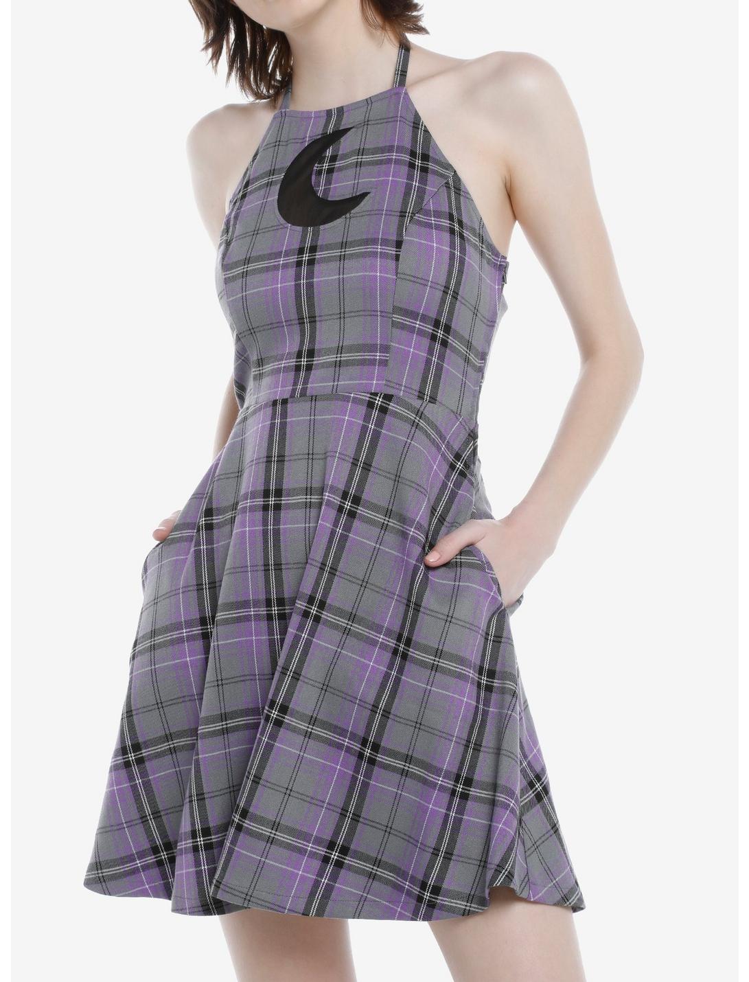 Purple Plaid Moon Cutout Halter Dress, PLAID, hi-res