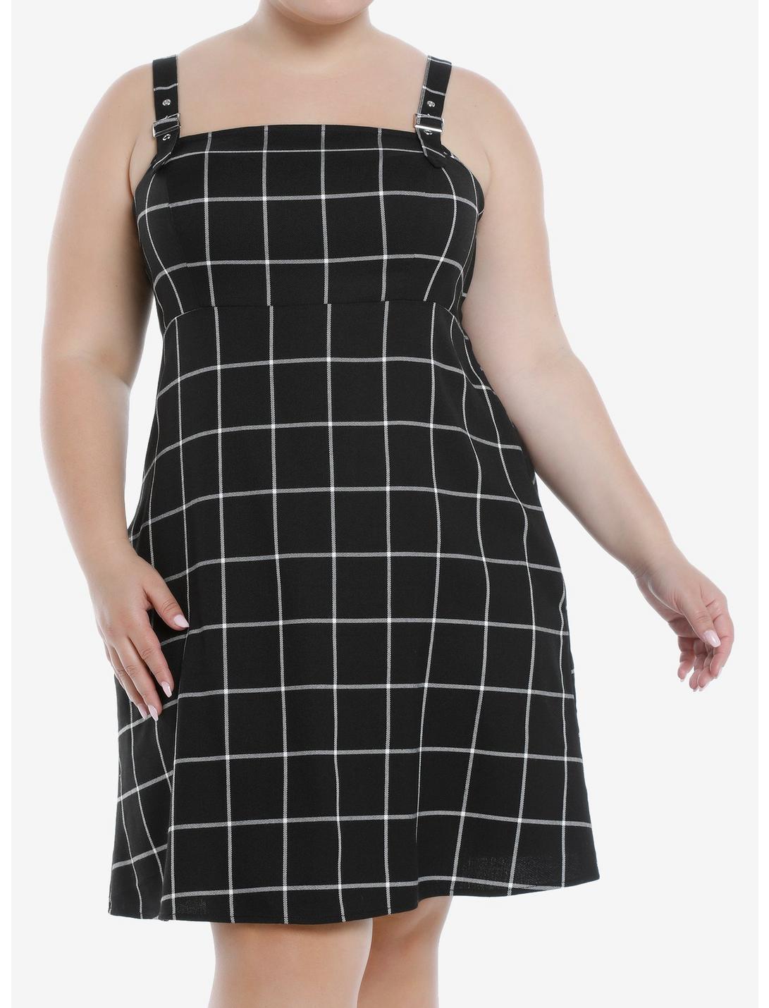 Black & White Buckle Strap Dress Plus Size, PLAID - BLACK, hi-res