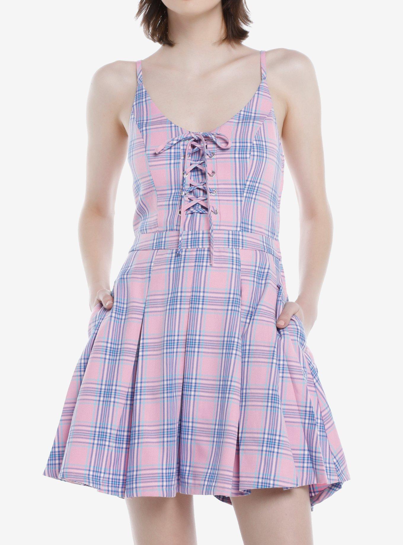 Pink & Purple Plaid Lace-Up Dress, PLAID - PINK, hi-res