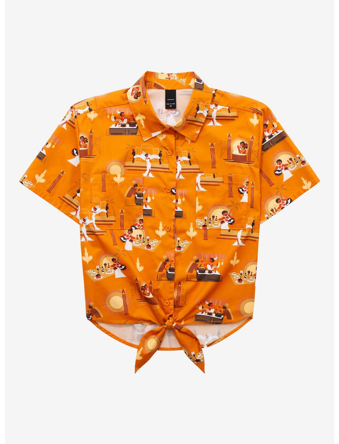 Disney The Princess and the Frog Tiana's Palace Allover Print Women's Tie-Front Woven Top - BoxLunch Exclusive, BURNT ORANGE, hi-res