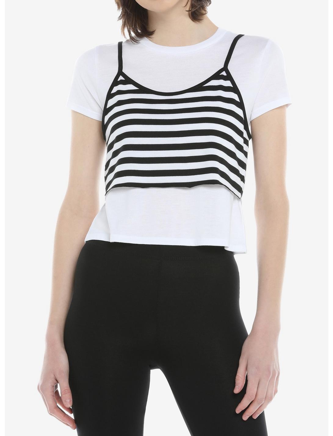 Black & White Stripe Girls Strappy Tank Top With T-Shirt, STRIPE - MULTI, hi-res