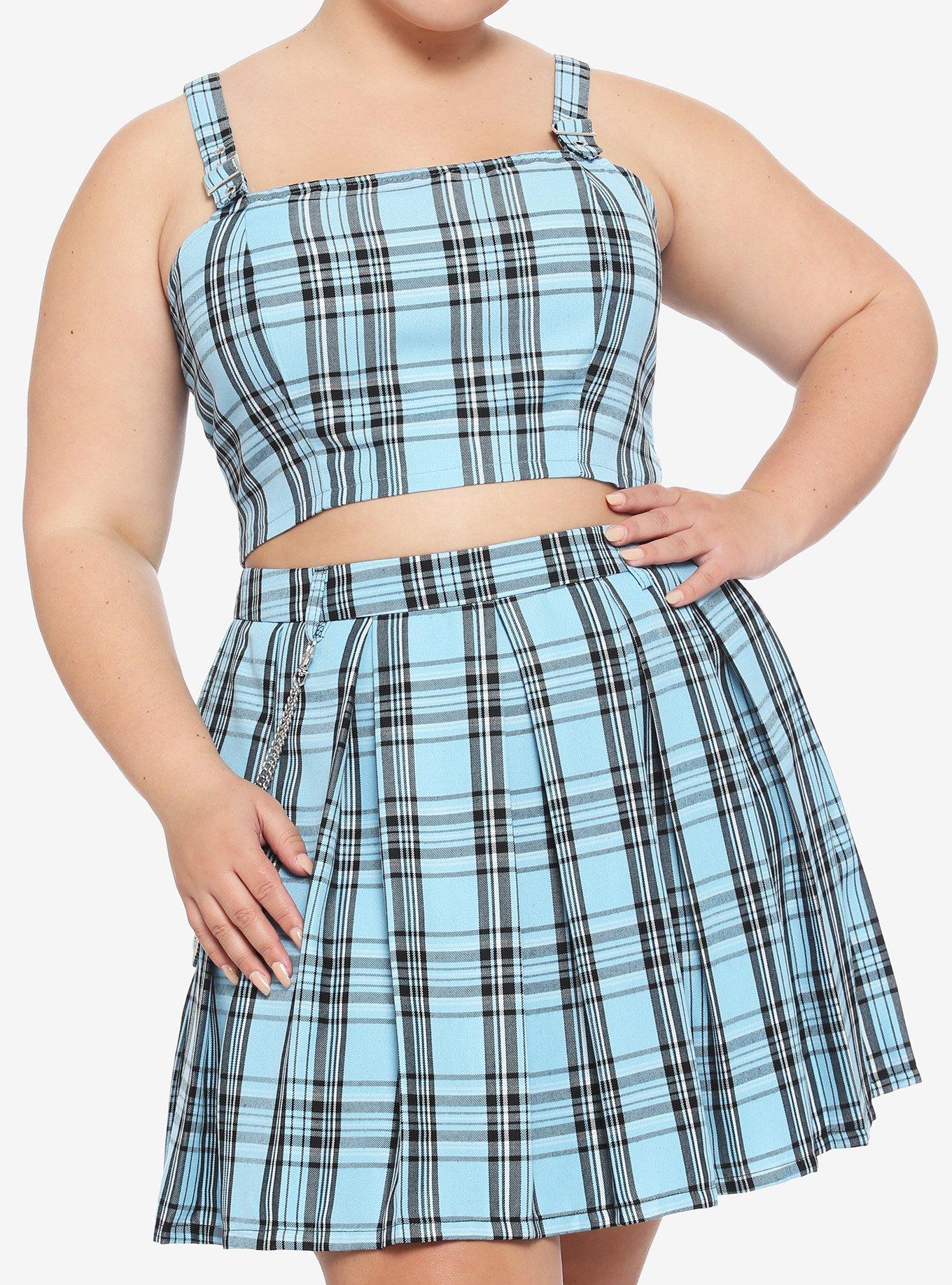 Blue & Black Plaid Buckle Strap Girls Crop Top Plus Size