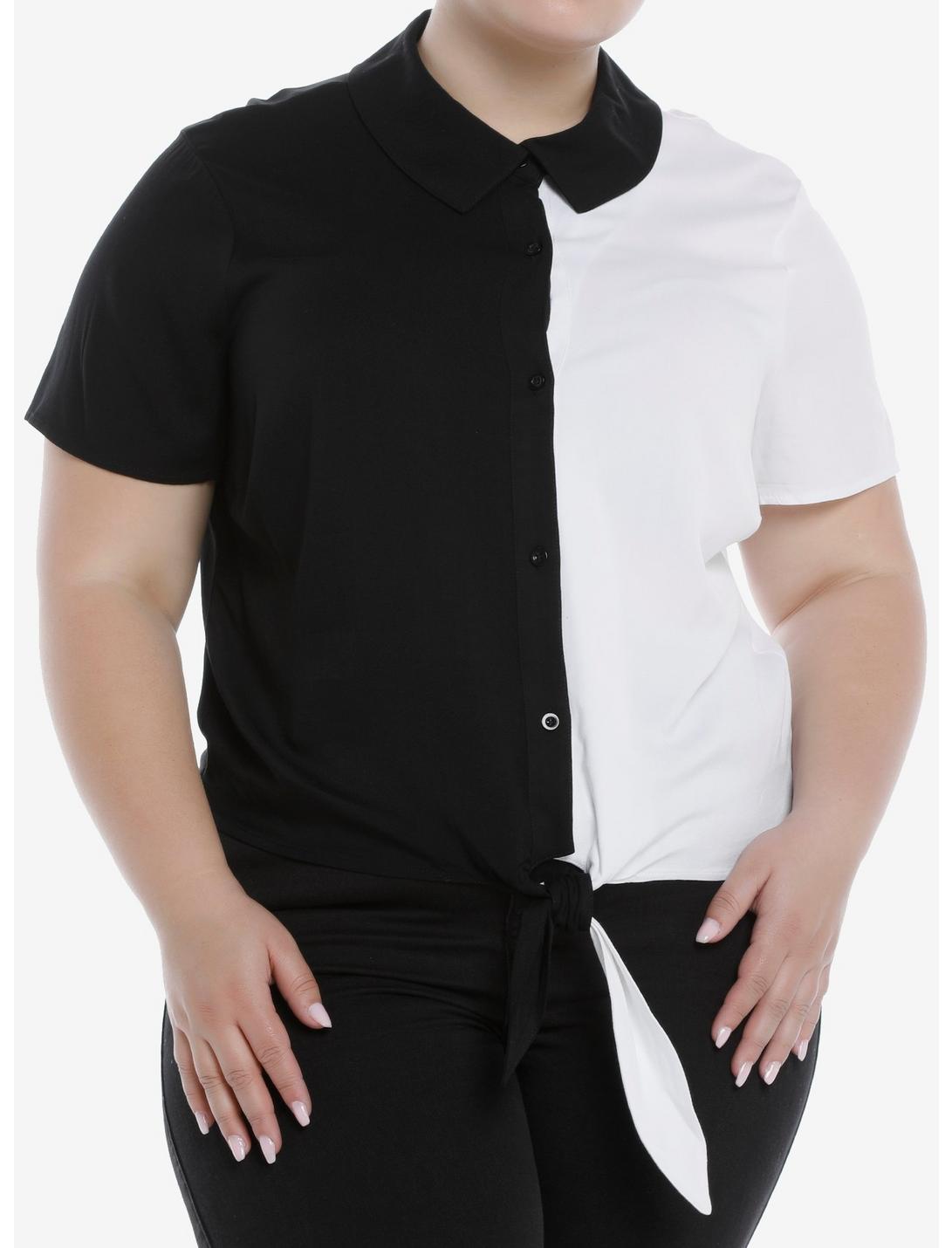 Black & White Split Tie-Front Girls Woven Button-Up Plus Size, MULTI, hi-res