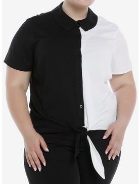 Black & White Split Tie-Front Girls Woven Button-Up Plus Size, , hi-res