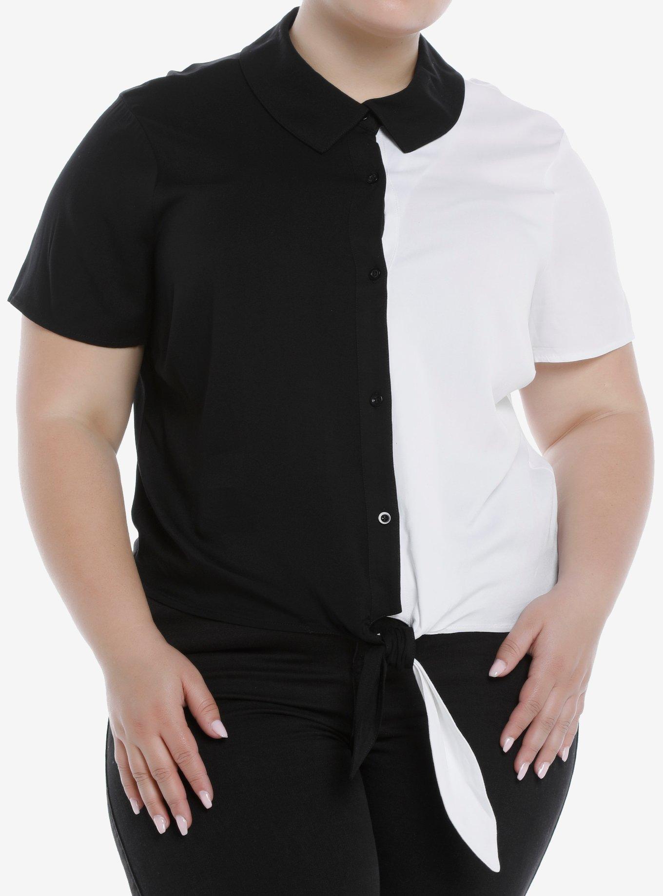 Black & White Split Tie-Front Girls Woven Button-Up Plus Size, MULTI, hi-res