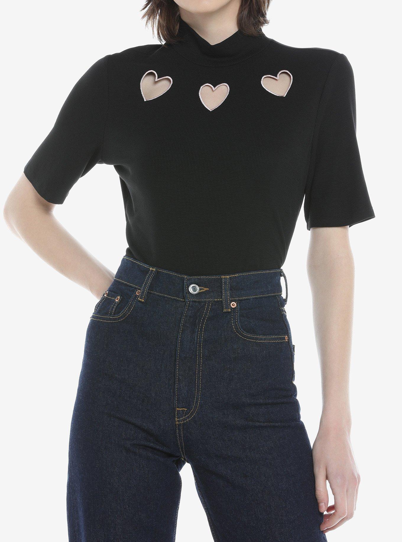 Black Heart Cutout Mock Neck Girls Top, BLACK, hi-res