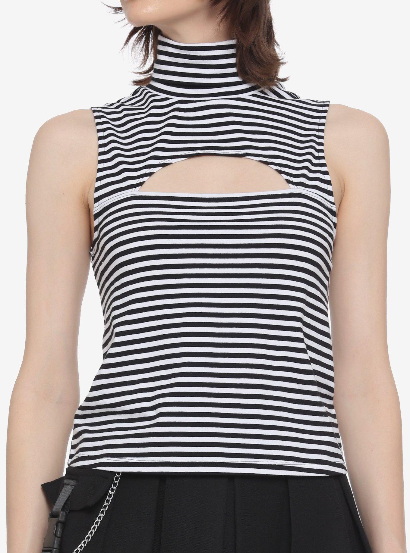 Black & White Stripe Cutout Girls Turtleneck Tank Top, STRIPE - MULTI, hi-res