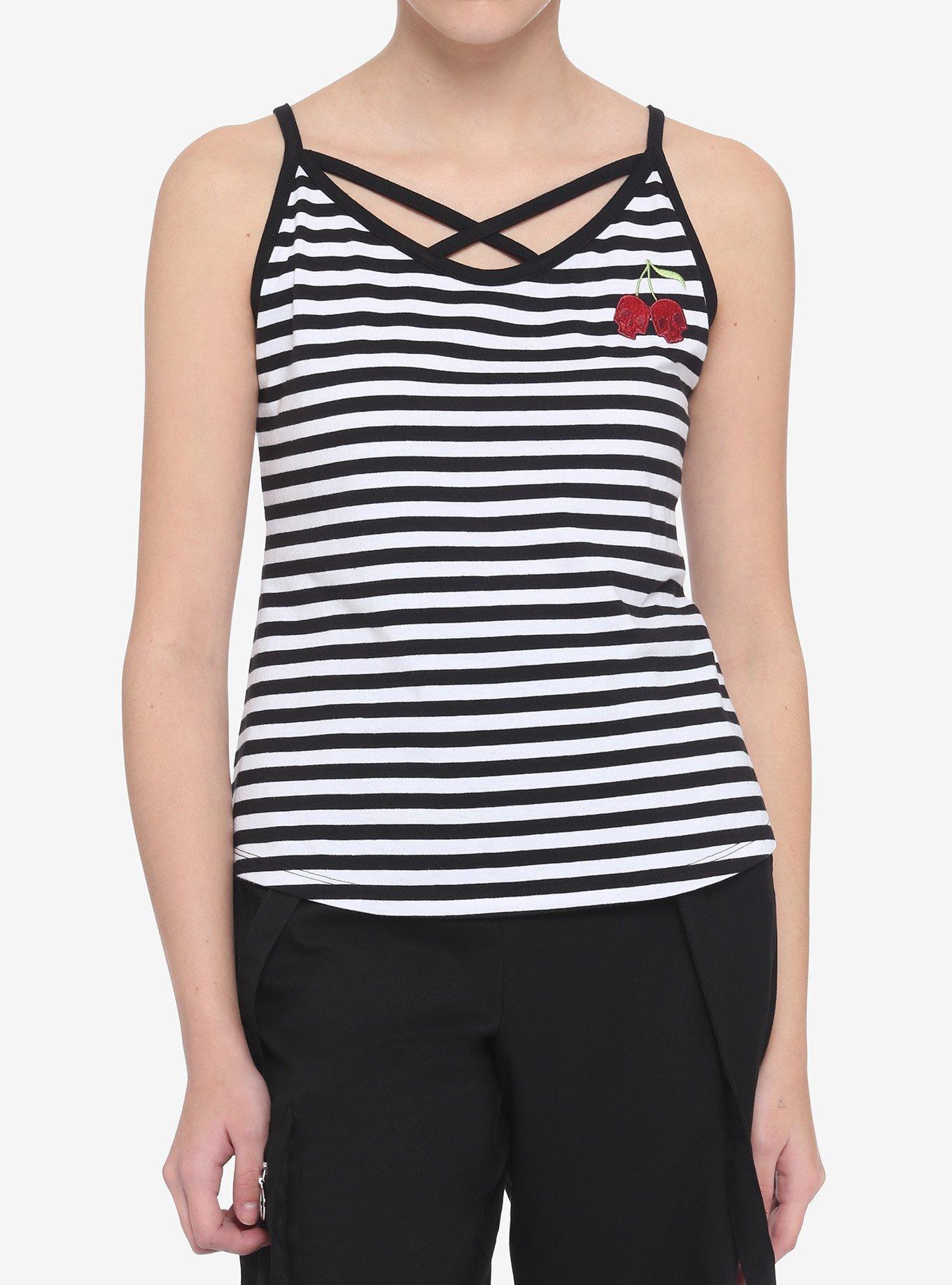 Cherry Skull Black & White Stripe Girls Strappy Crop Tank Top, STRIPE - MULTI, hi-res