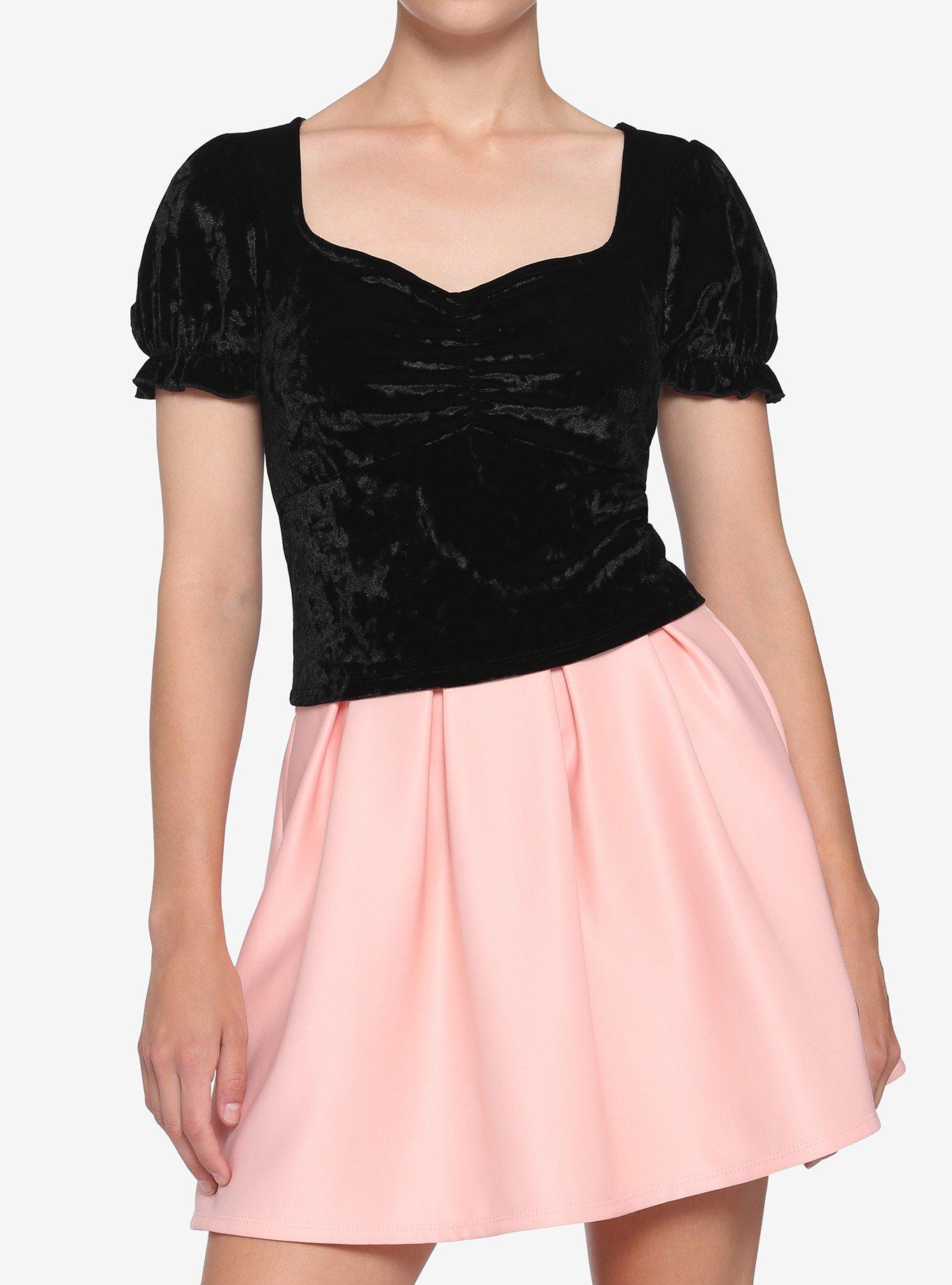 Crushed Velvet Puff Sleeve Girls Top, BLACK, hi-res