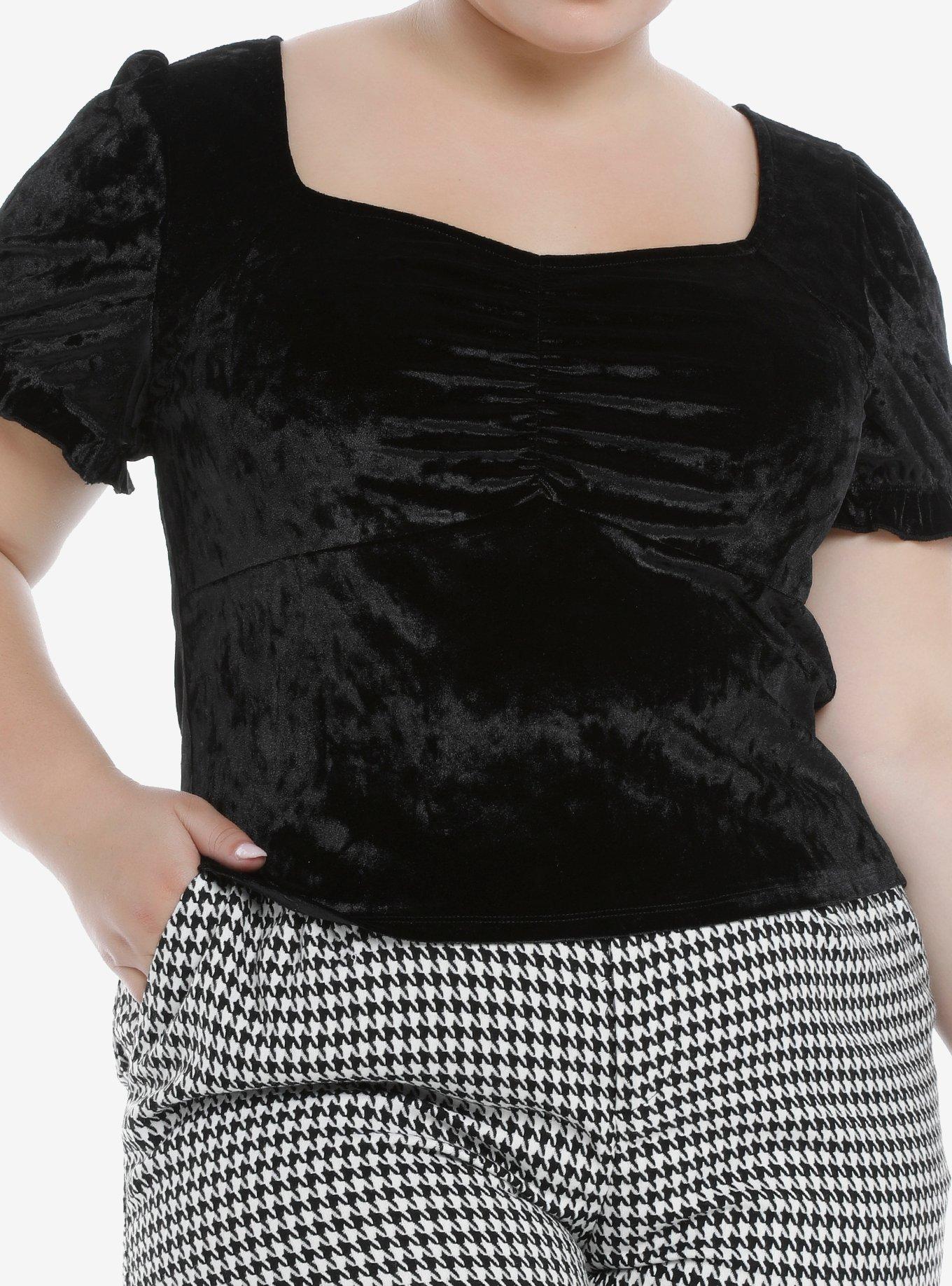 Crushed Velvet Puff Sleeve Girls Top Plus Size, BLACK, hi-res