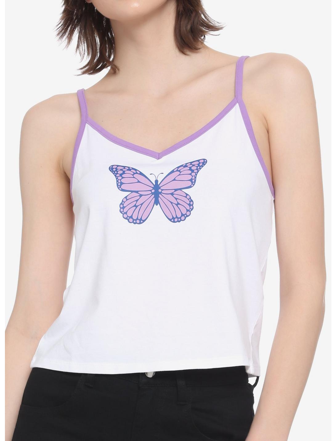 Purple Butterfly Girls Strappy Crop Tank Top, WHITE, hi-res