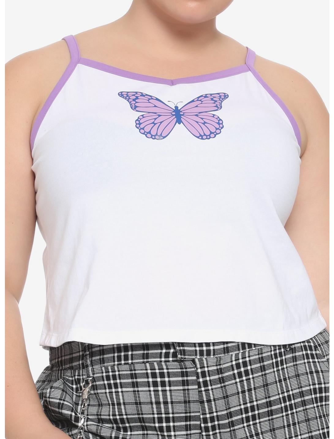 Purple Butterfly Girls Strappy Crop Tank Top Plus Size, WHITE, hi-res