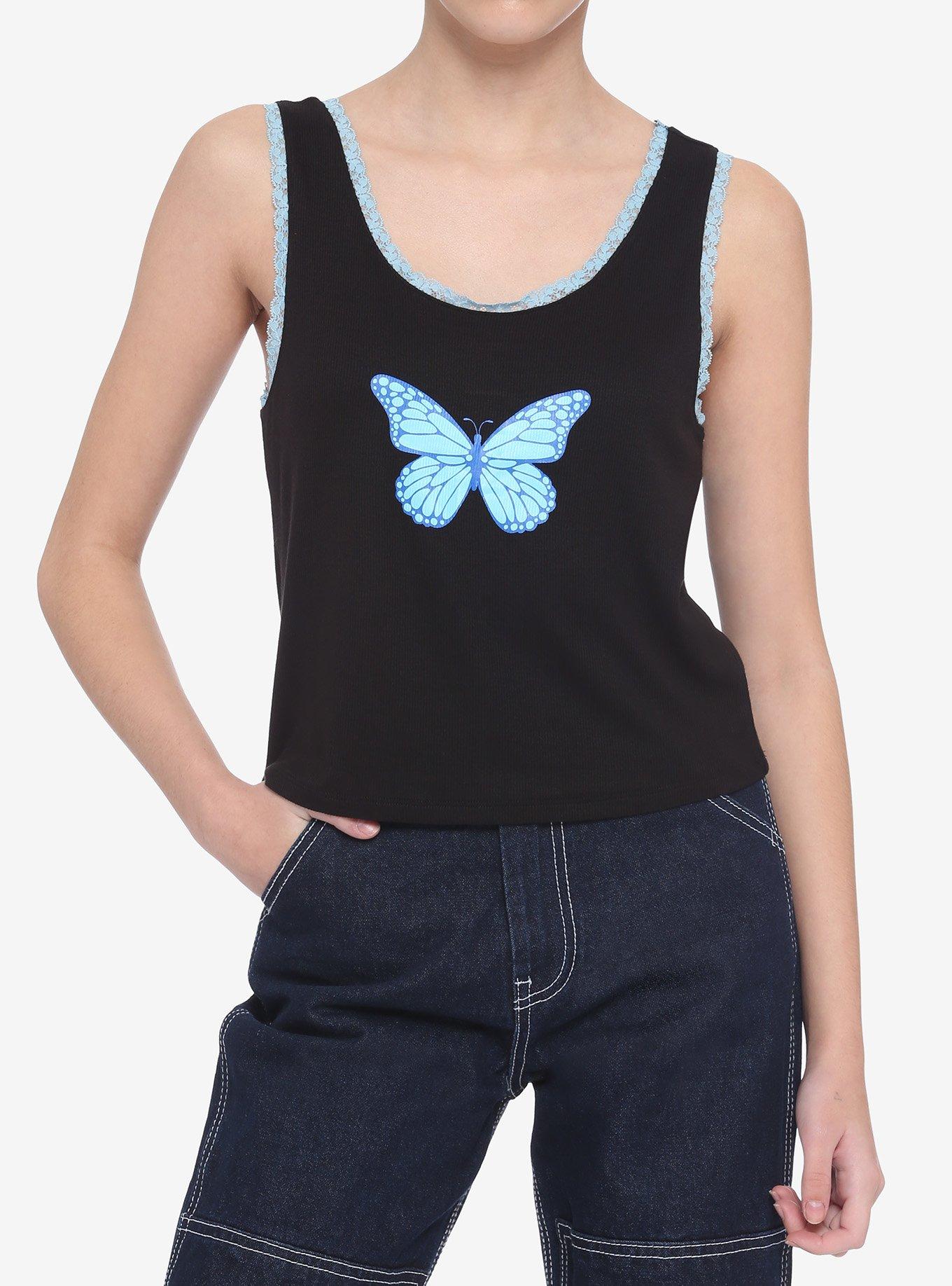 Blue Butterfly Lace Girls Tank Top, BLACK, hi-res