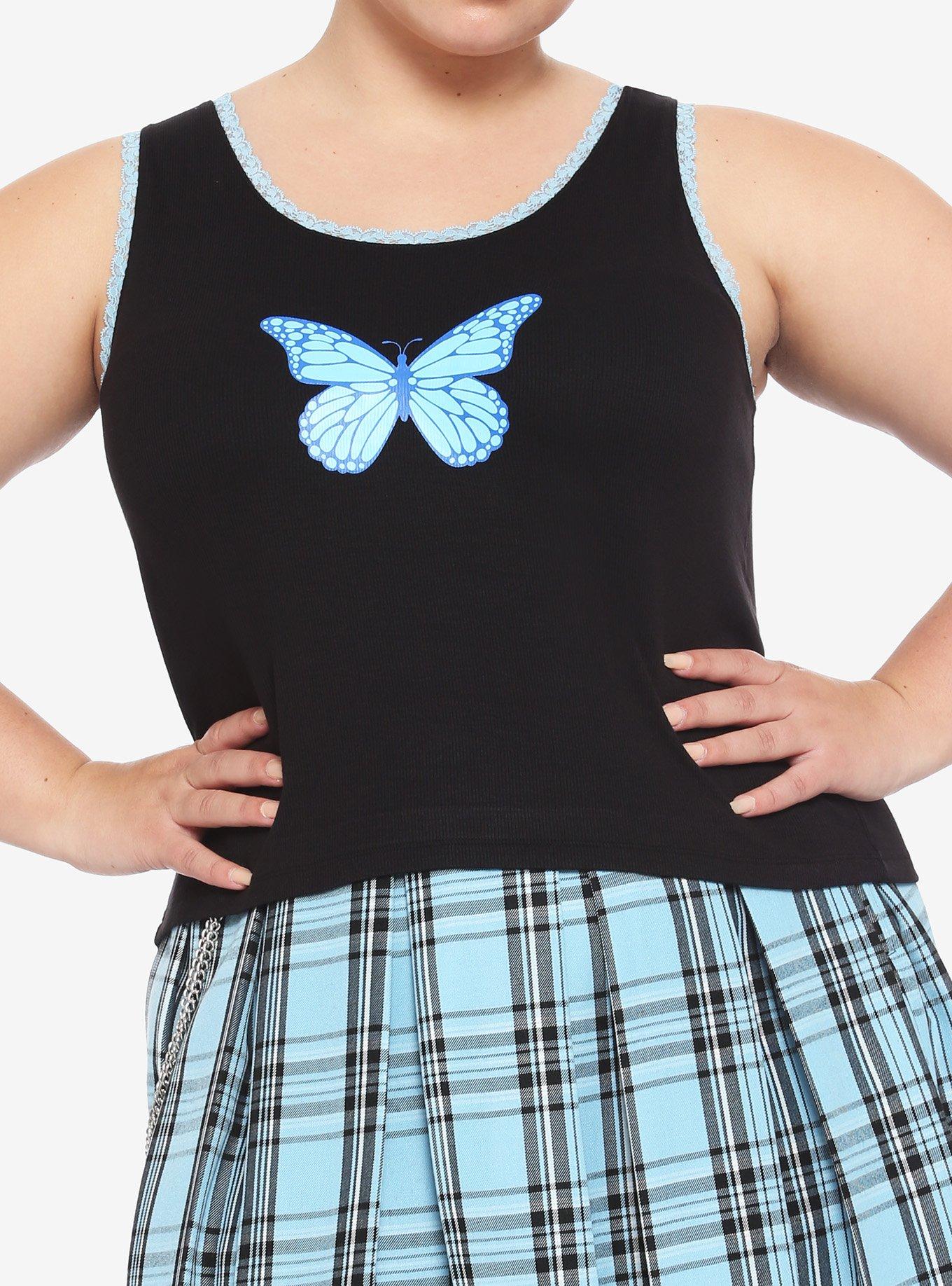 Blue Butterfly Lace Girls Tank Top Plus Size, BLACK, hi-res