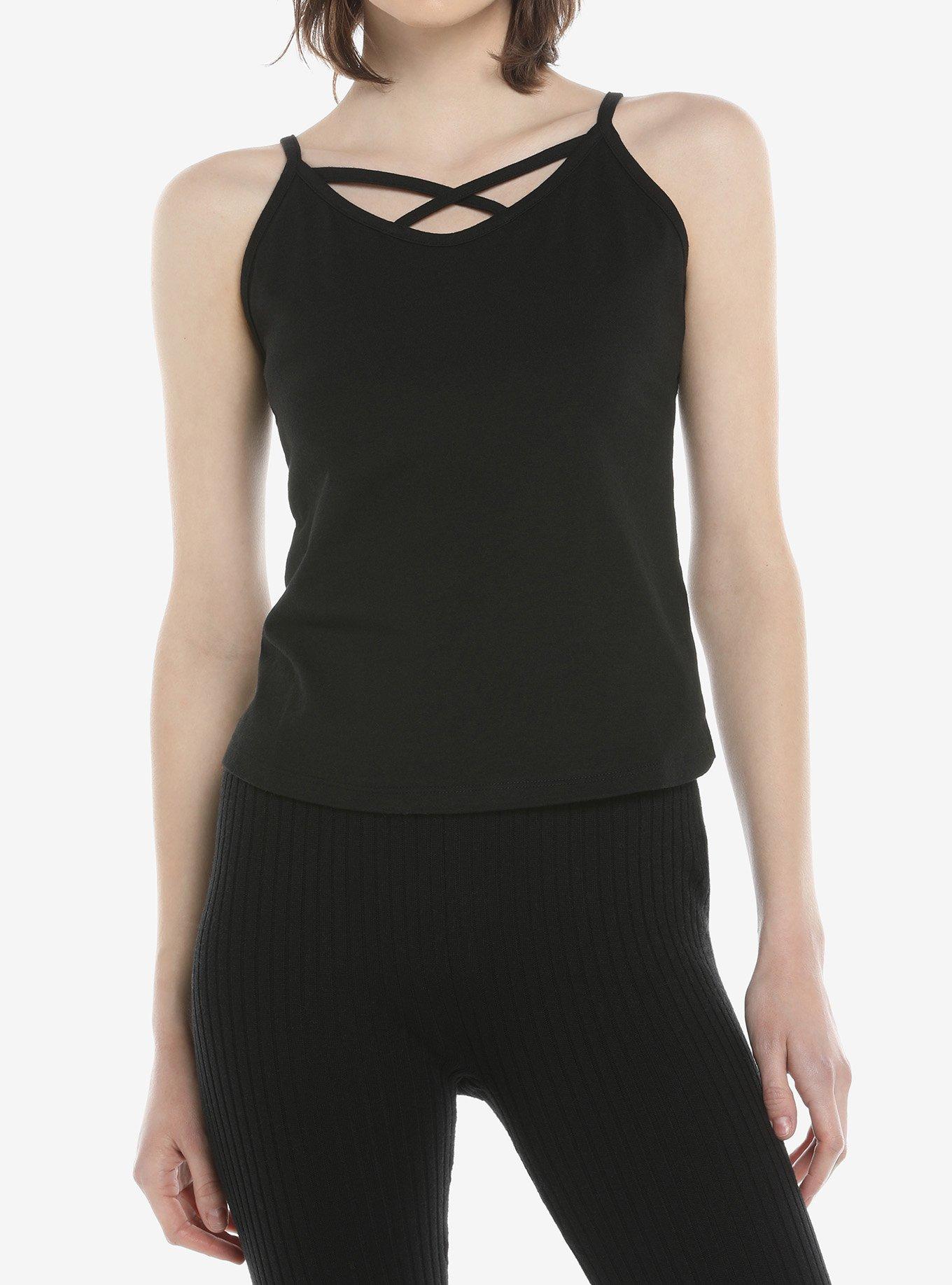 Black Crisscross Girls Strappy Crop Tank Top, BLACK, hi-res