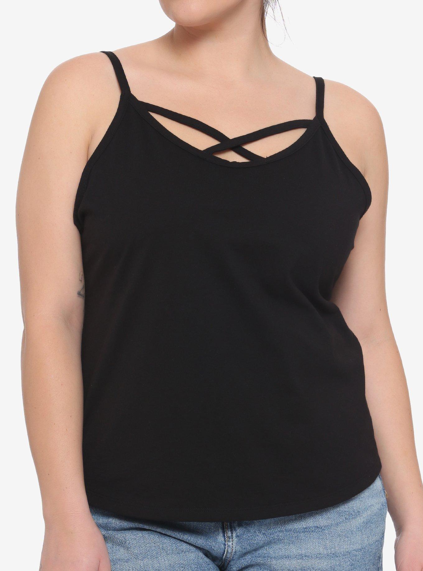 Black Crisscross Girls Strappy Tank Top Plus Size, BLACK, hi-res