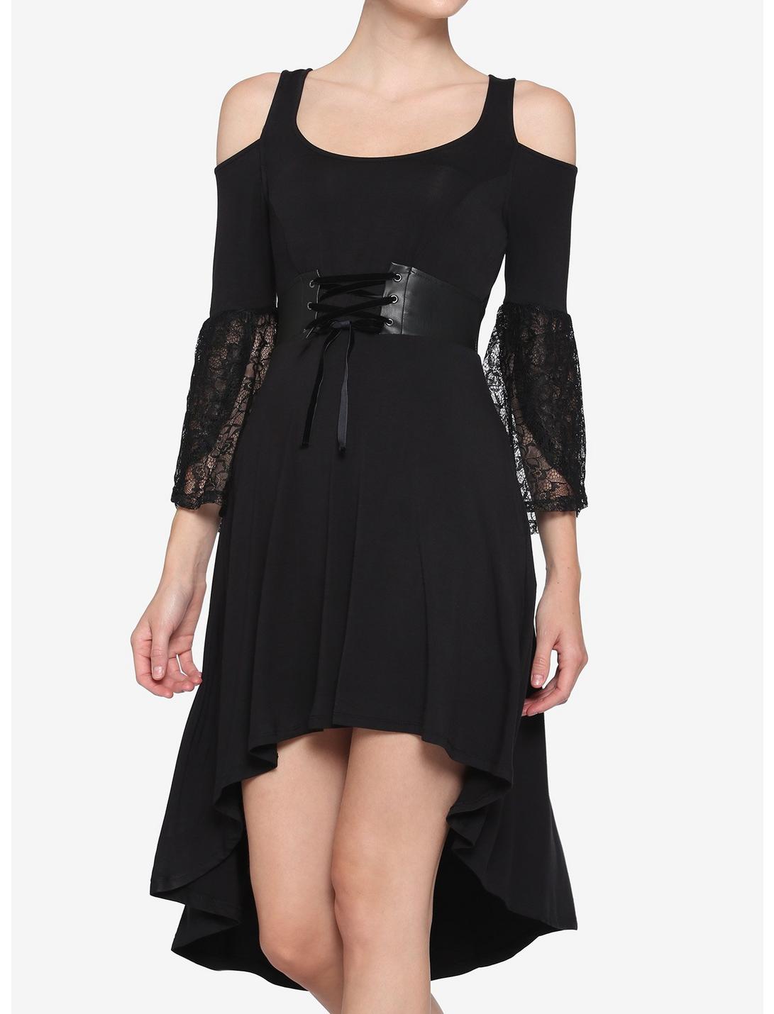 Black Lace Cold Shoulder Hi-Low Dress, BLACK, hi-res