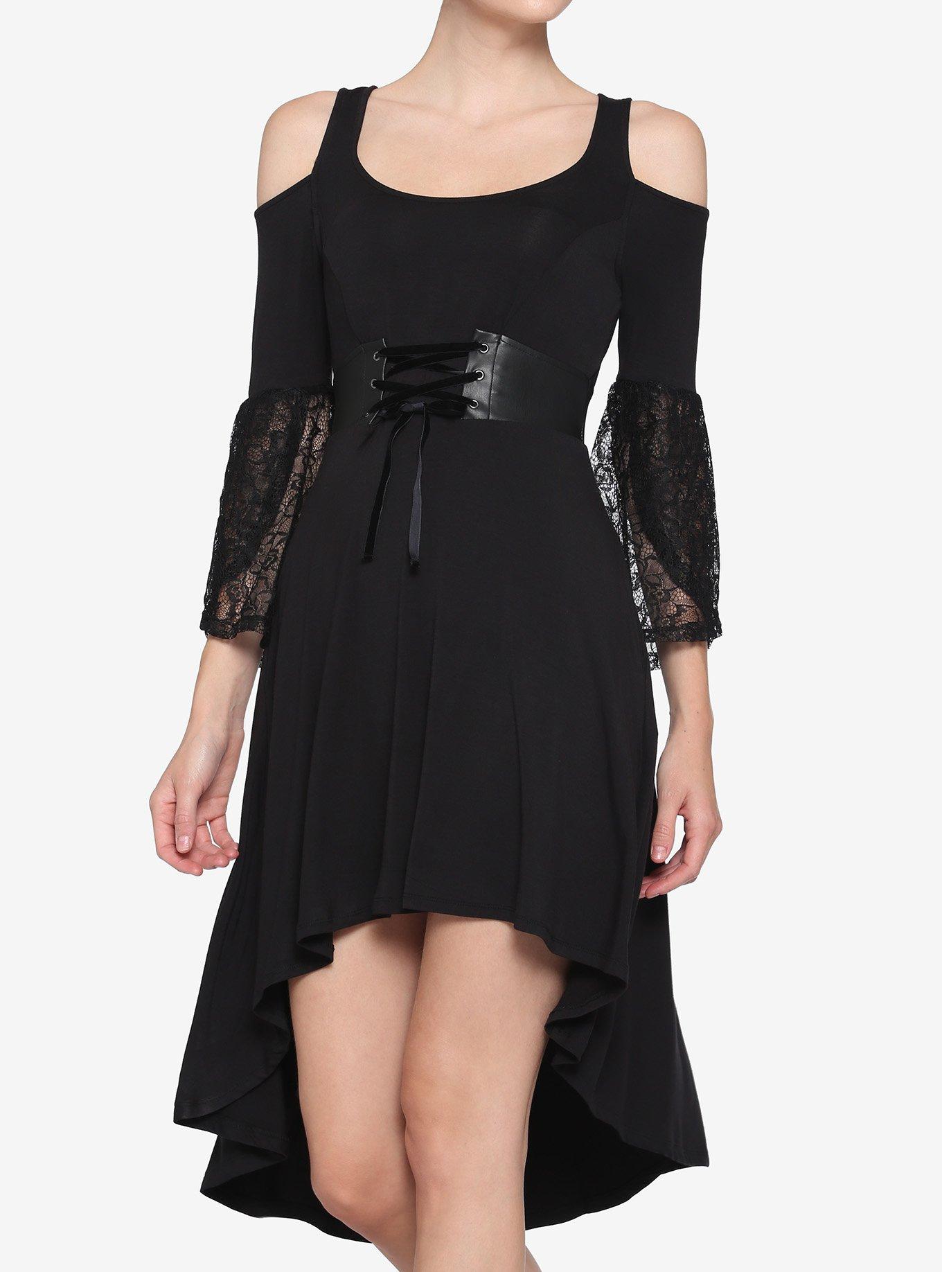 Black Lace Cold Shoulder Hi Low Dress