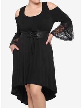 Black Lace Cold Shoulder Hi-Low Dress Plus Size, , hi-res