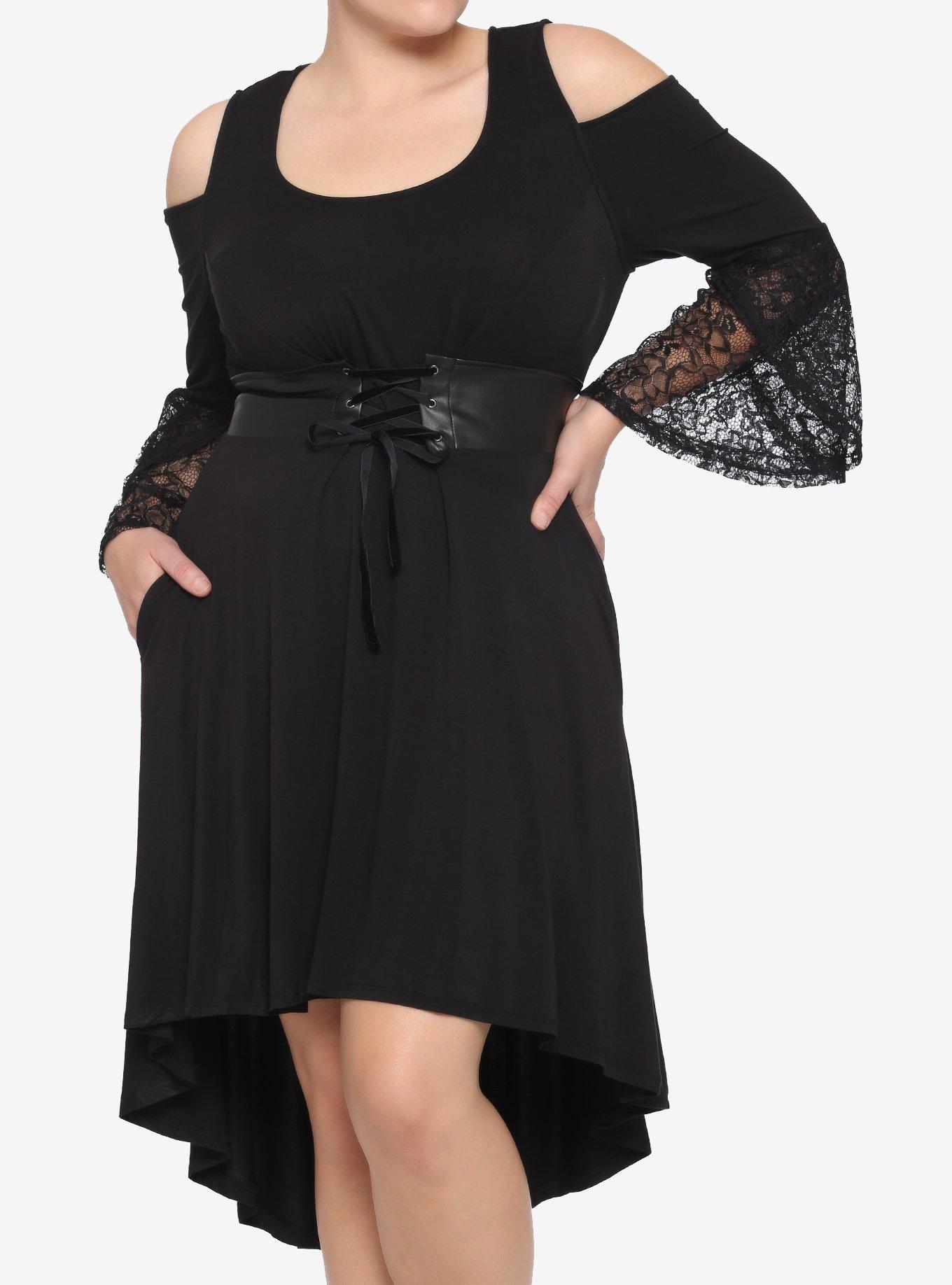 Black Lace Cold Shoulder Hi-Low Dress Plus Size, BLACK, hi-res