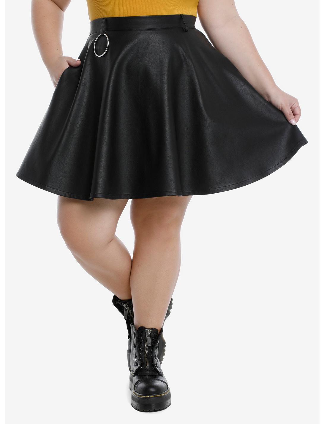 Faux Leather & O-Ring Skater Skirt Plus Size, BLACK, hi-res