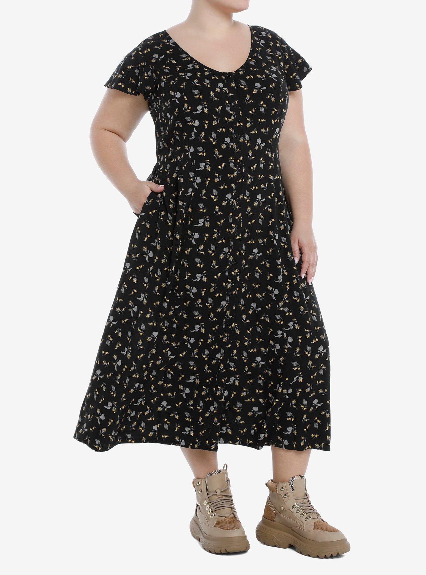 Yellow Rose Bud Midi Dress Plus Size, , hi-res