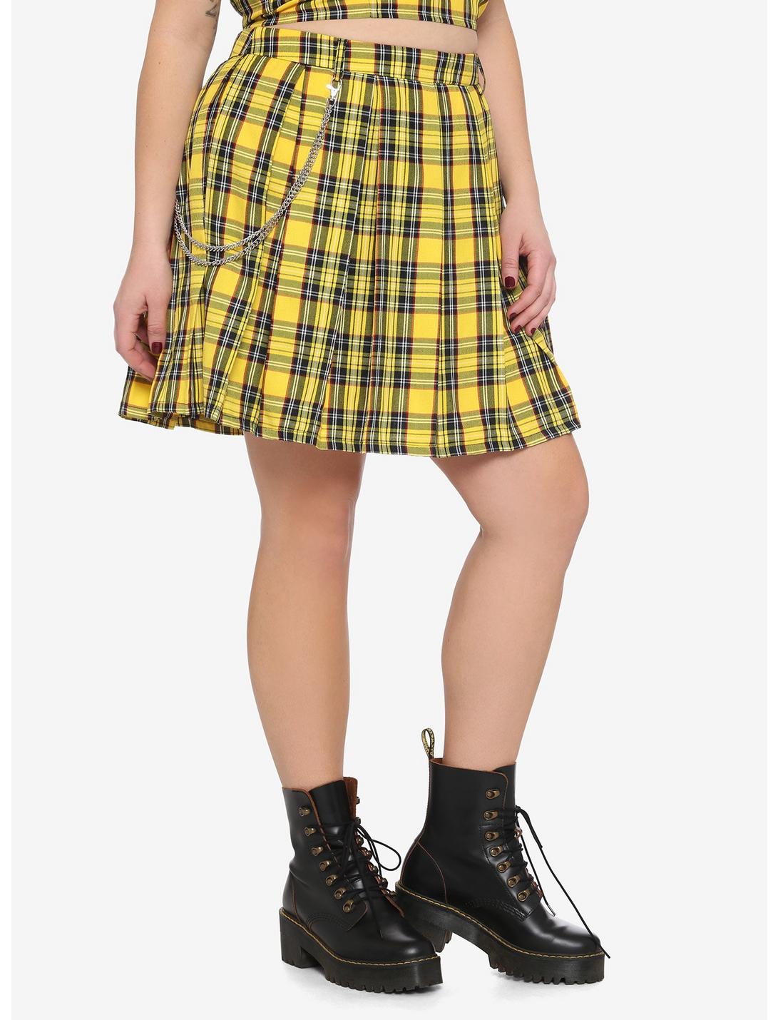 Yellow Plaid Pleated Chain Skirt Plus Size, PLAID - YELLOW, hi-res